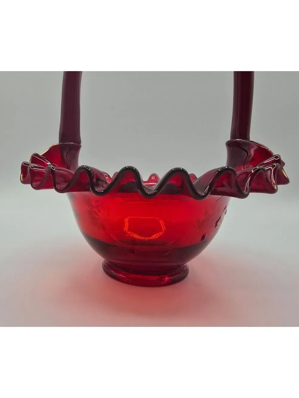 Vintage Fenton Ruby Red Hand Painted Flower Ruffled Art Glass Basket Signed